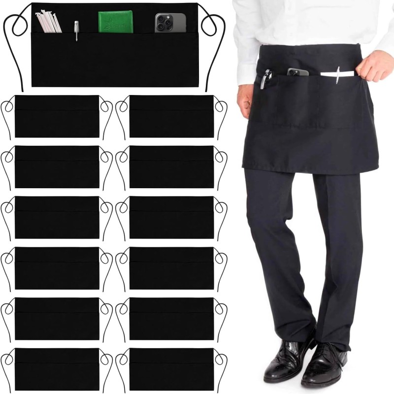 Waitress Apron Manufacturer - OEM Custom Logo Waiter Half Waist Apron Long Straps