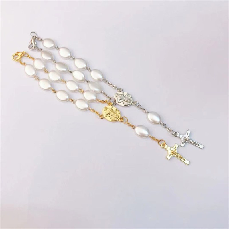 Silver Rosary Factory - OEM Unique Cross Beaded Pendants Christian Pearl Bracelet