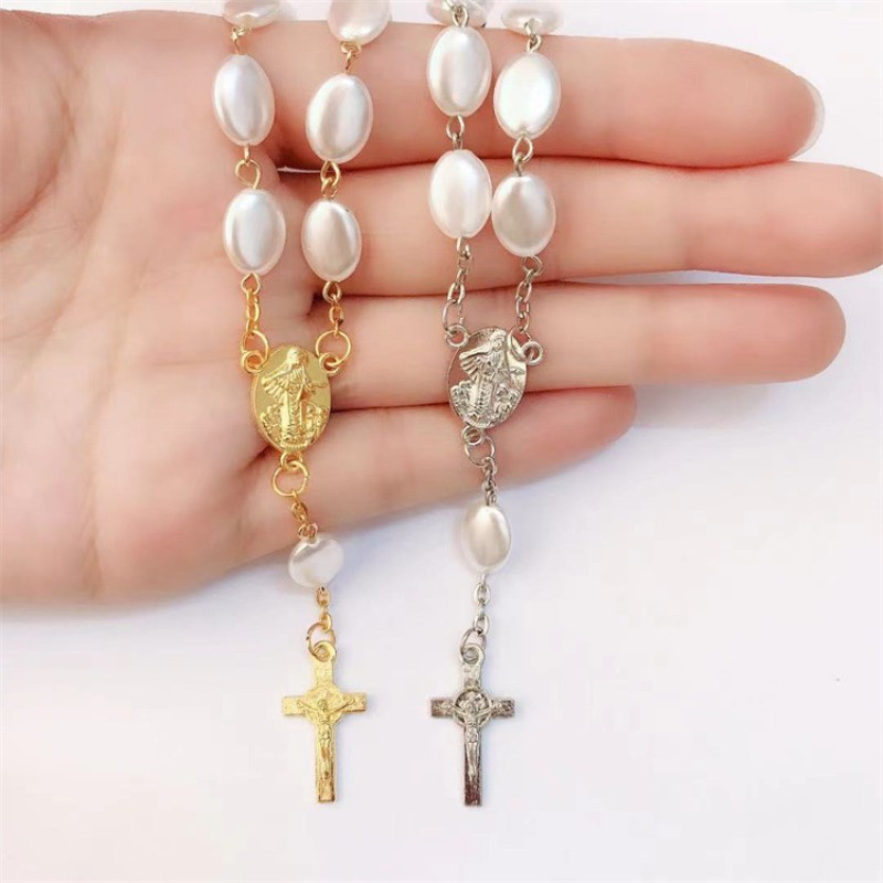 Silver Rosary Factory - OEM Unique Cross Beaded Pendants Christian Pearl Bracelet