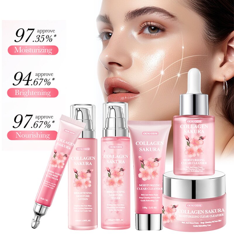 Sakura Facial Set Manufacturer - Custom 6pcs Moisturizing Fine Lines Brighten Cleanser Eye Cream