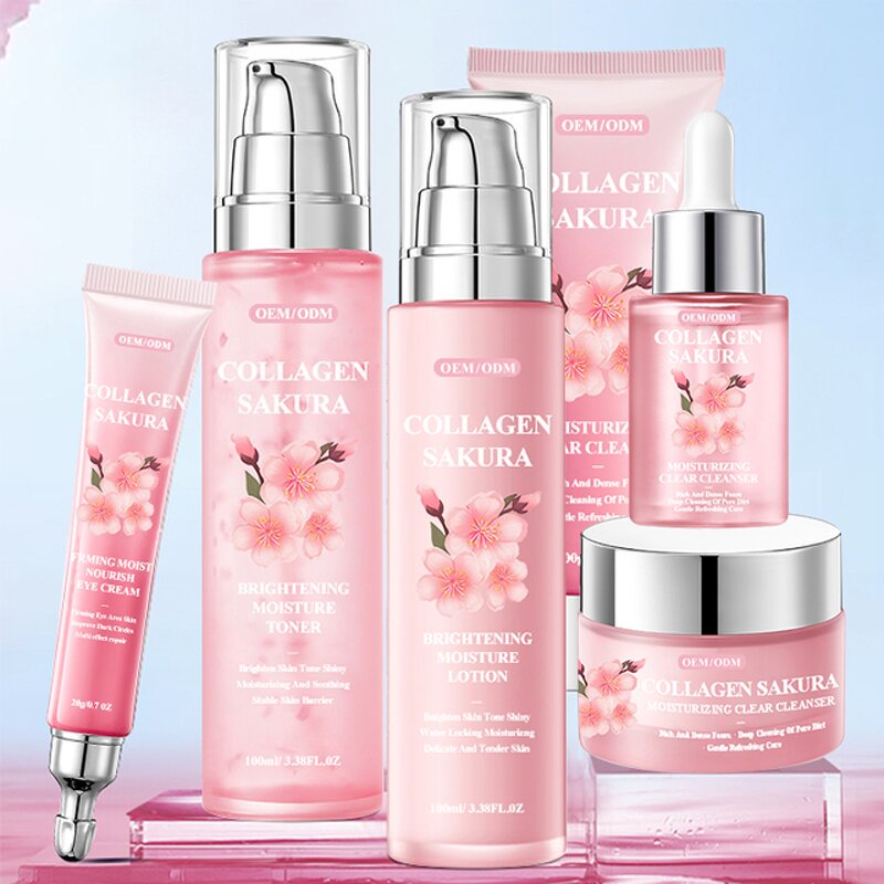Sakura Facial Set Manufacturer - Custom 6pcs Moisturizing Fine Lines Brighten Cleanser Eye Cream