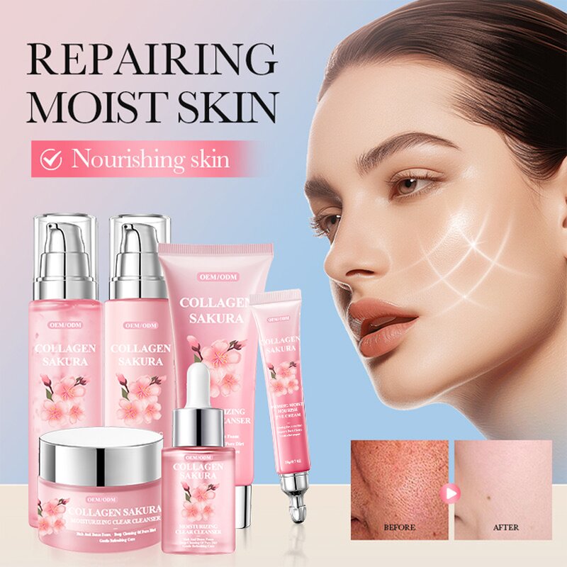 Sakura Facial Set Manufacturer - Custom 6pcs Moisturizing Fine Lines Brighten Cleanser Eye Cream