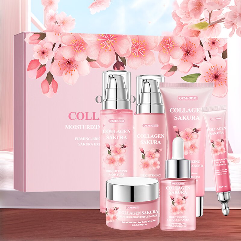 Sakura Facial Set Manufacturer - Custom 6pcs Moisturizing Fine Lines Brighten Cleanser Eye Cream