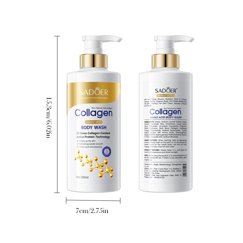 Body Wash Manufacturer - 500ml Collagen Gentle Cleansing Moisturizing Whitening Shower Gel & SADOER OEM