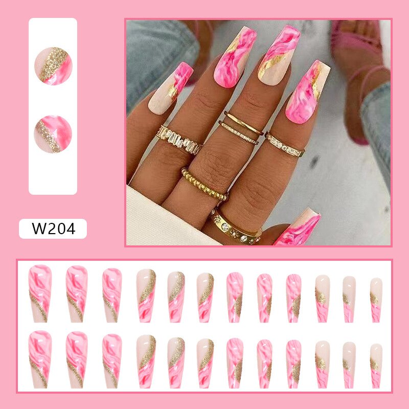 Artificial Fingernails Wholesale Supplier - One Second Wearable Long Ballet Nail Plate Halo Dye Splicing Glitter Gold