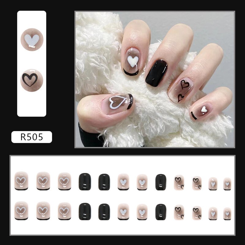 Nail Art Wholesale Supplier - Black Love Short Square Pattern White Appearance Plastic 24pcs for Women