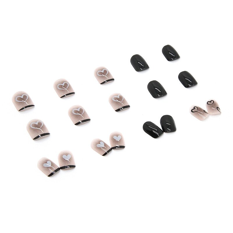 Nail Art Wholesale Supplier - Black Love Short Square Pattern White Appearance Plastic 24pcs for Women