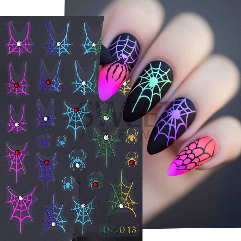 Nail Stickers Manufacturer - Christmas Style Hot Stamping Laser Diamond Effect Halloween 3D Spider Web Bow