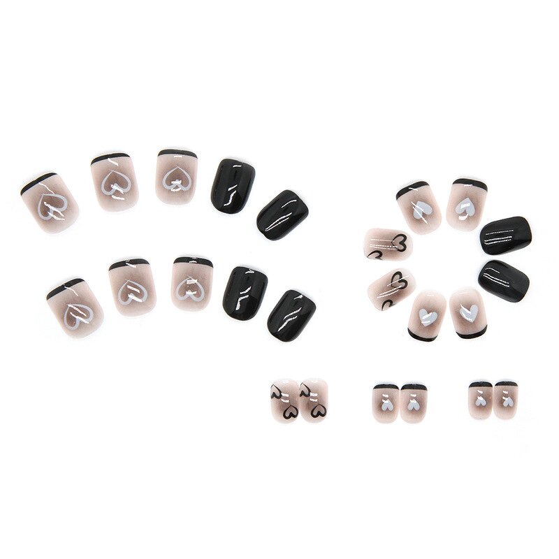 Nail Art Wholesale Supplier - Black Love Short Square Pattern White Appearance Plastic 24pcs for Women