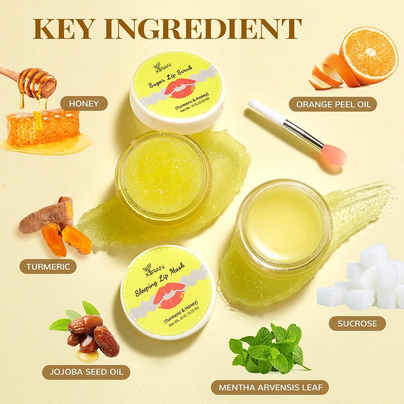 Turmeric Lip Scrub Set - Private Label Moisturizing Sugar Scrub Lip Balm Mask 100% Natural