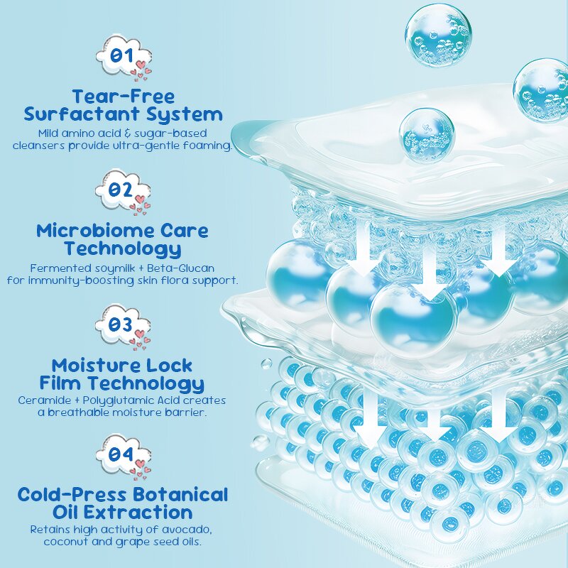 Baby Skincare Set - Private Label OEM Vegan Tear Free Probiotic Hypoallergenic Newborn Bath Kit