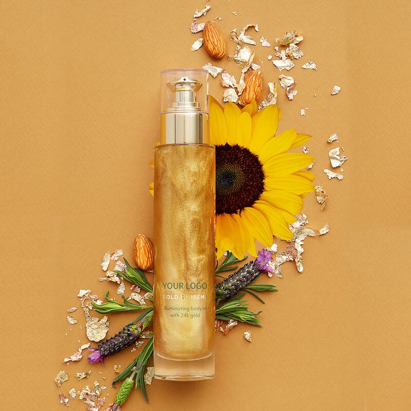 Body Glow Oil - Private Label Luxury Glitter Liquid Highlighter Bronzer Gold Long Lasting