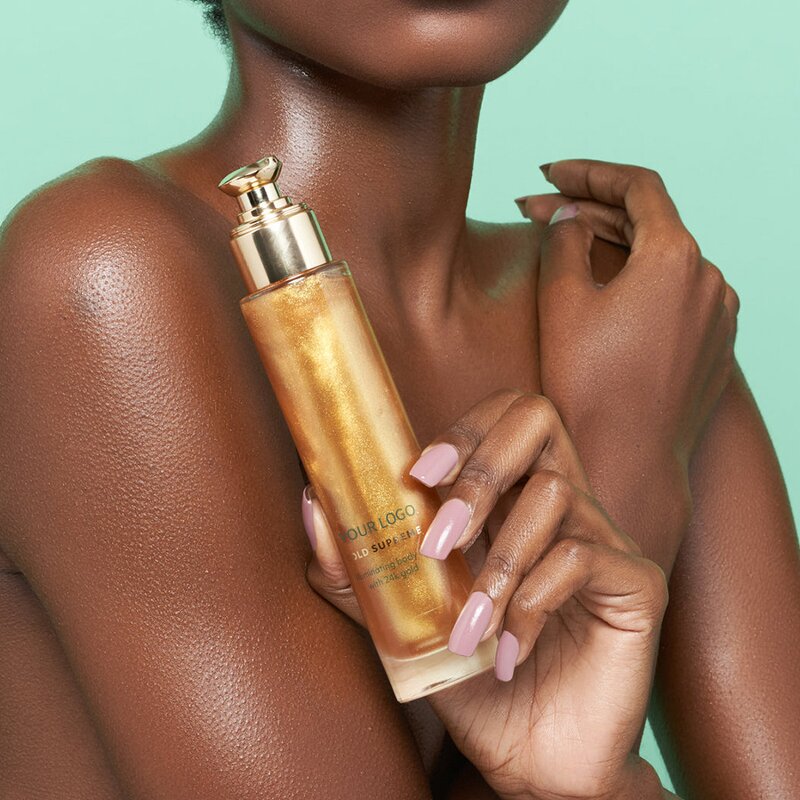 Body Glow Oil - Private Label Luxury Glitter Liquid Highlighter Bronzer Gold Long Lasting