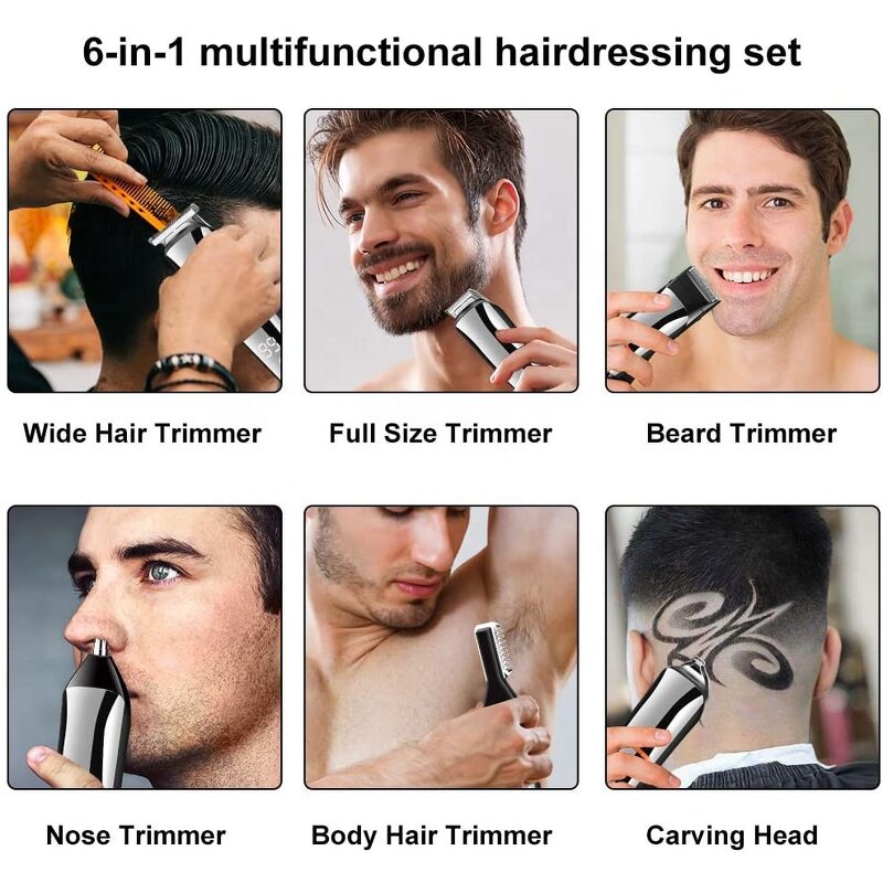 6 in 1 Grooming Kit - Waterproof Men Beard Trimmer Hair Clippers Nose Body Precision Trimmer