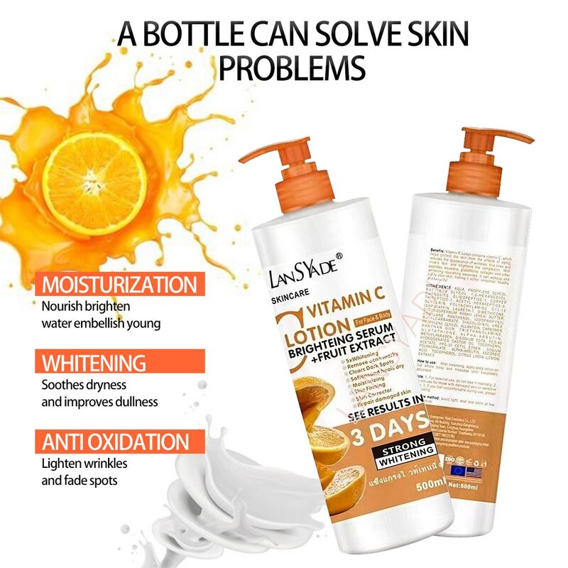Vitamin C Body Lotion - 500ml 3 Days Moisturizing Whitening Fruit Milk Extract Body Cream