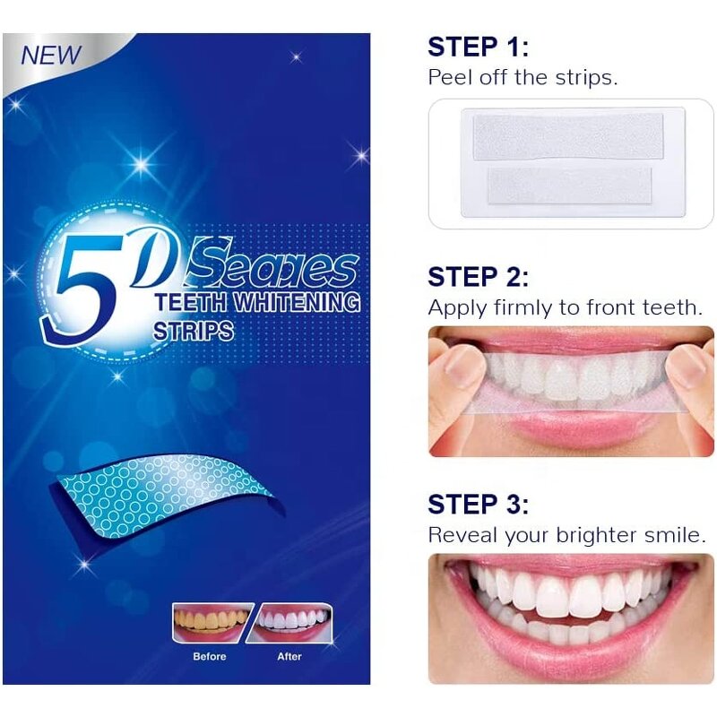 5D White Whitener Strips - 6% HP or Non Peroxide 28 Strips Smoking Coffee Wine Stain Removal