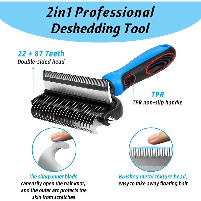 2 in 1 Pet Grooming Brush - Safe Undercoat Rake Dematting Tool Shedding Comb for Dogs Cats