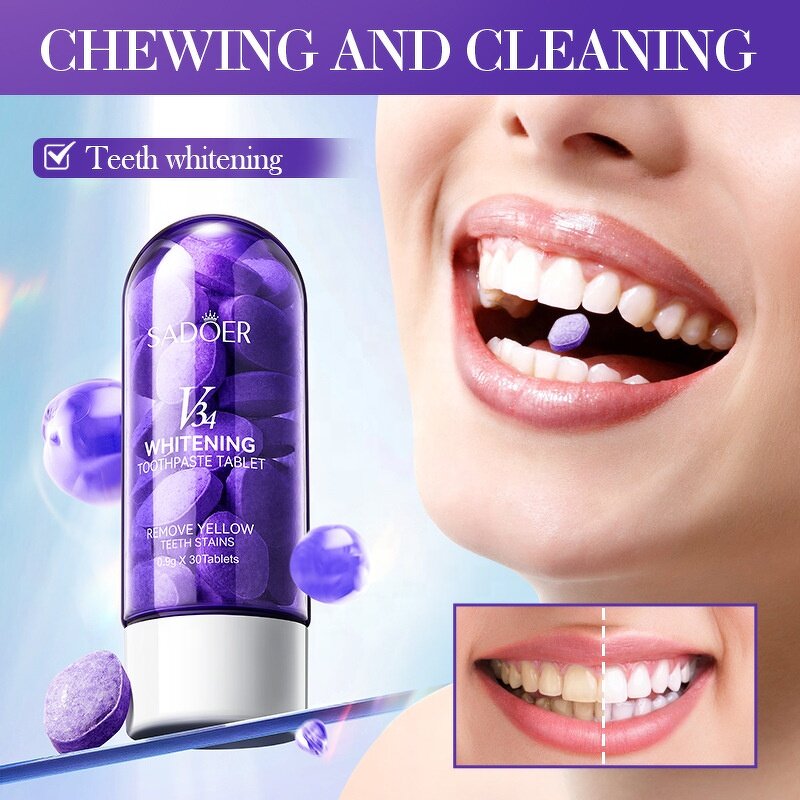 V34 Toothpaste Tablets - 30 Chewing Cleaning Teeth Whitening Color Corrector Fresh Breath