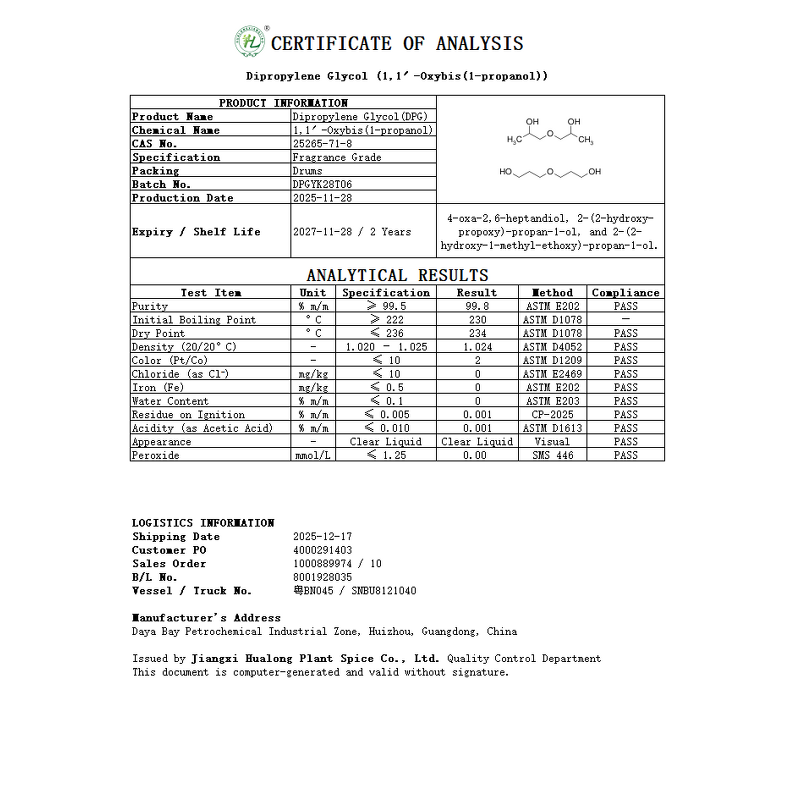 Dipropylene Glycol Manufacturer - 99.8% Pure DPG LO+ Fragrance Grade Cas 25265-71-8