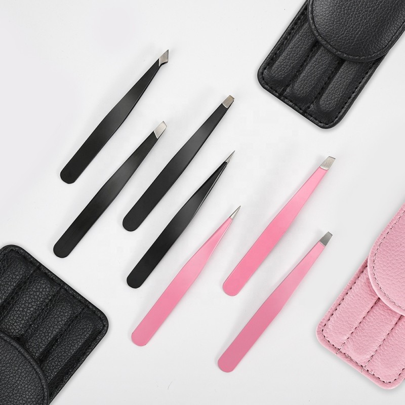 Eyelash Tweezers Factory - 3pcs 4pcs Black Pink Slanted Set