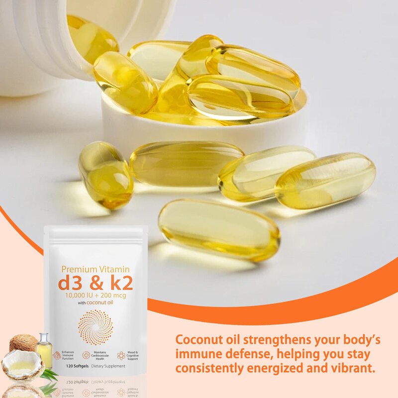 Vitamin D3 K2 Softgel Capsules Manufacturer - OEM ODM Private Label 10000iu 200mcg with Coconut Oil for Immunity