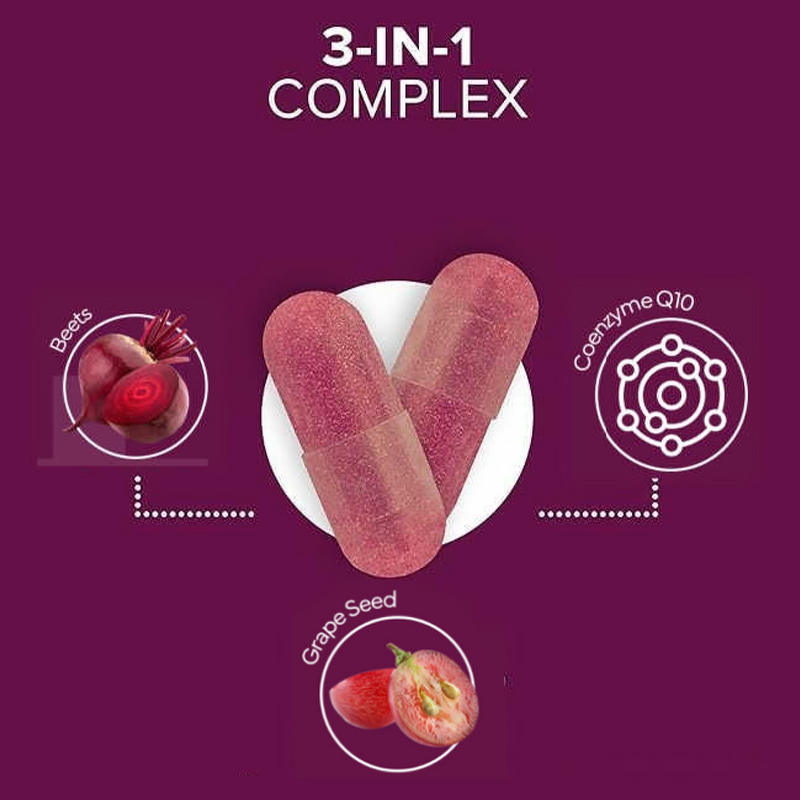 Beet Root Capsules Manufacturer - 3-in-1 Herbal Supplement for Heart & Blood Health with CoQ10 & Grape Seed Extract
