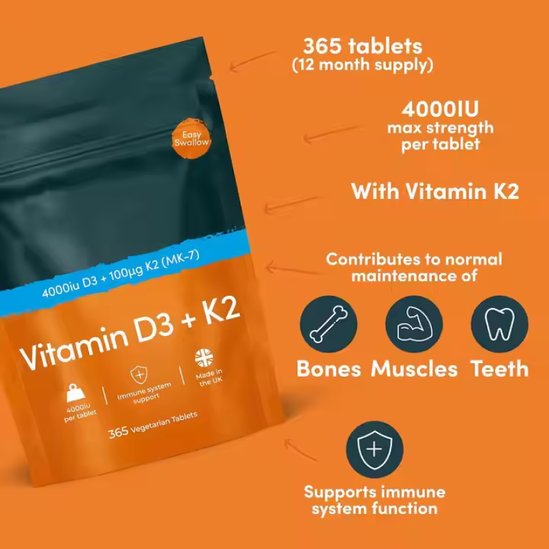 Vegan Vitamin D3 4000IU and K2 MK7 100μg Tablets High-Intensity Plant-Based Formula Easy to Swallow