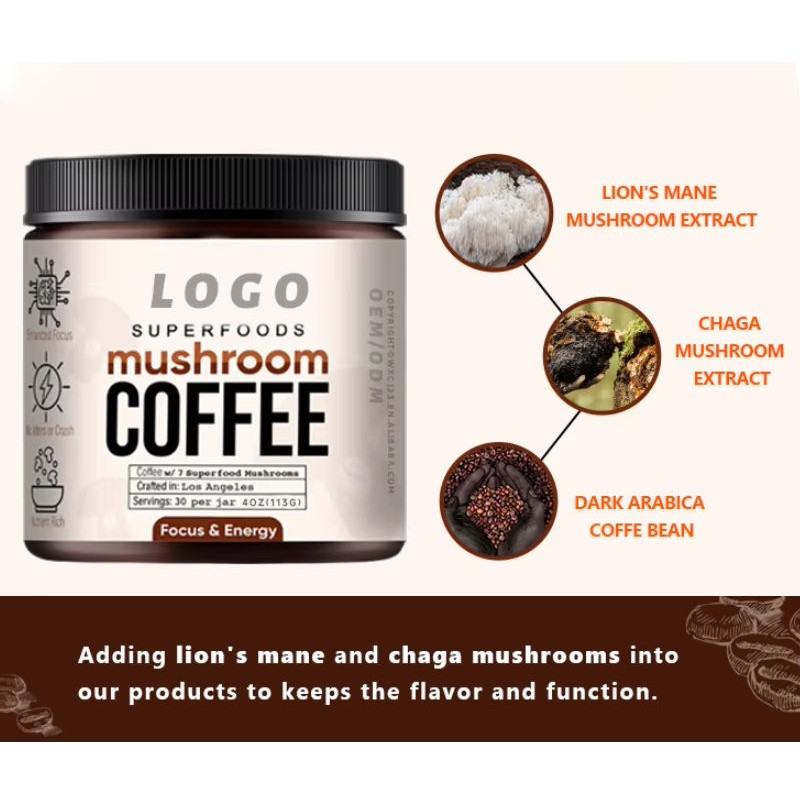 Premium Organic 10-in-1 Mushroom Coffee Powder with Lions Mane, Chaga & Reishi - Instant Energy & Focus Boost OEM Private Label