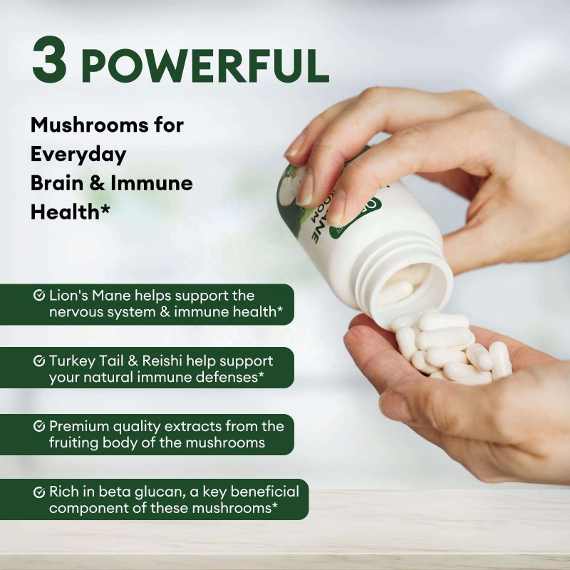 Premium Mushroom Supplement Capsules for Immune Health - Lions Mane, Turkey Tail, and Mushroom Coffee Powder