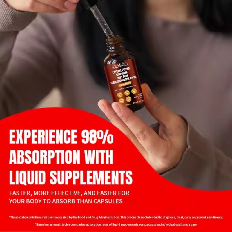 Natural Cayenne Pepper Extract Liquid Drops Applicable for Adults Supplement with Hawthorn Berry Vitamin D3 K2 BeetRoot Turmeric