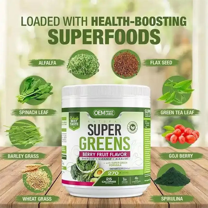 Super Green Powder with Spirulina, Chlorella & Beetroot - Digestive Enzymes & Probiotics for Gut Health