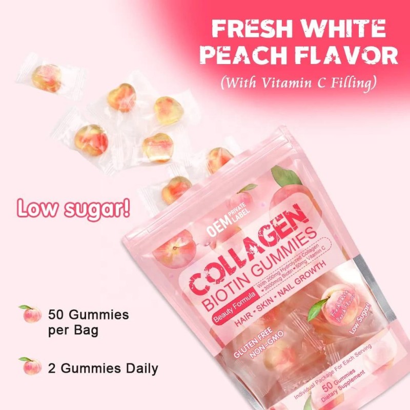 Peach Flavor Collagen Biotin Gummies with Vitamin C - Low Sugar Herbal Supplements for Hair, Skin, and Nail Growth for Adults