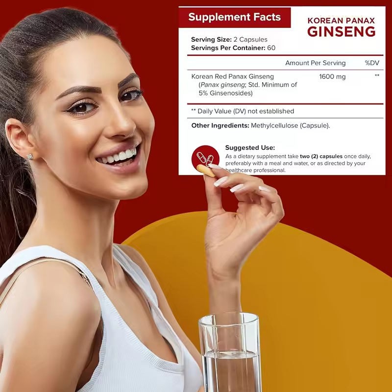 OEM/ODM Hot Sale Red Panax Ginseng Capsules with Ashwagandha, Beetroot, Green Tea Extract Maca Supplements Energy Capsules