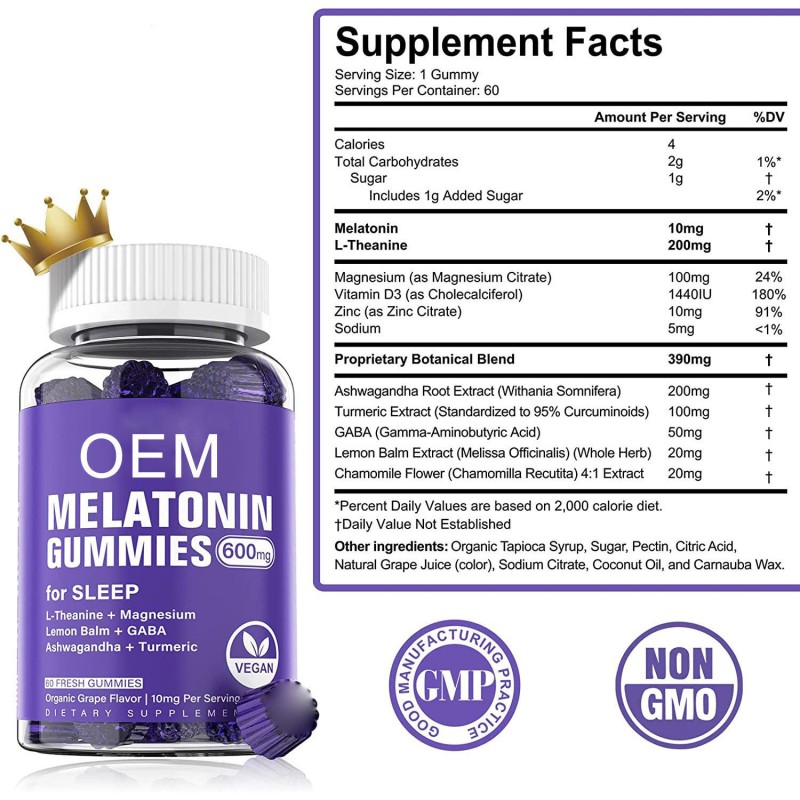 OEM Private Label Sugar-Free Melatonin Sleep Gummies with Natural Grape Flavor Herbal Supplements for Adults