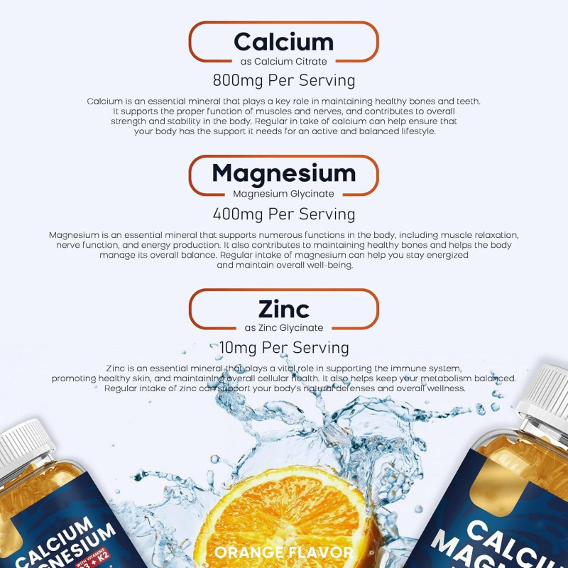 Premium Bone and Muscle Support Gummies Calcium Magnesium Zinc with Vitamin D3 & K2 Vitamins Supplement