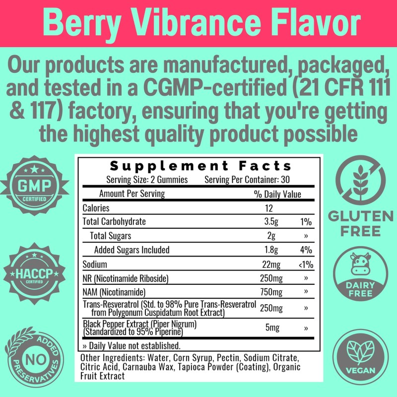 Premium NAD+ Booster Gummies with NR, Resveratrol & NAM - Cellular Energy Activator, Anti-Aging Support Sugar Free for Adults