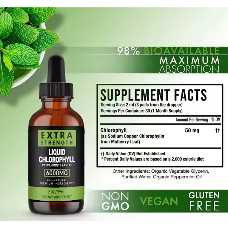 Extra-Strength Chlorophyll Liquid Drops  - Peppermint Flavor for Daily Detox & Immune Support