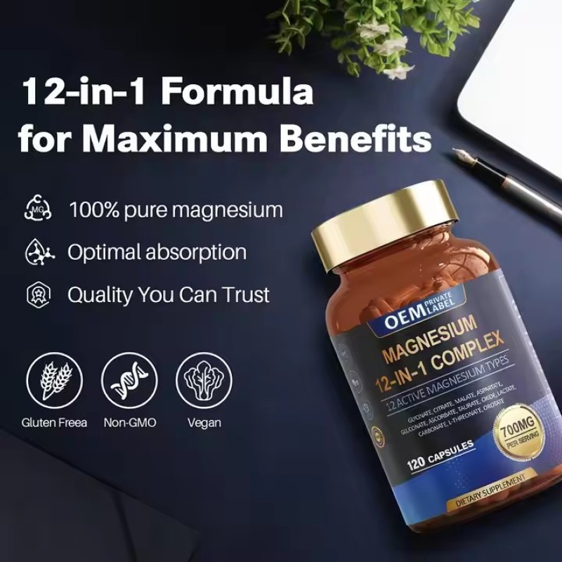 Factory Private Label Magnesium Capsules for Adults Stress Relief Sleep Support Nerves & Muscles Metabolism Supplement