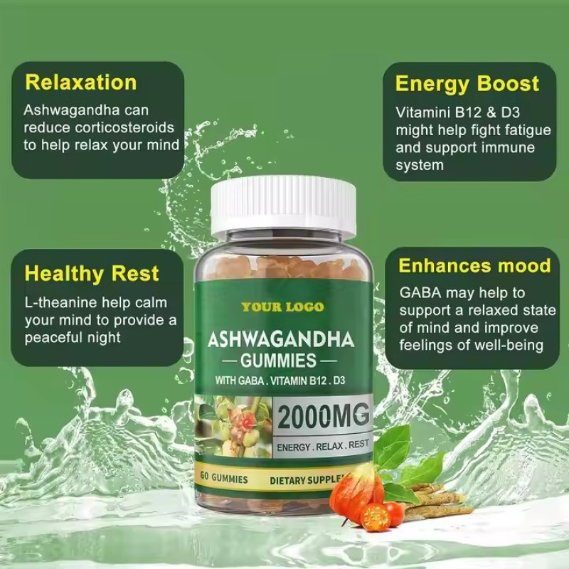 Organic Ashwa Root Supplement Ashwagandha Gummies Containing GABA, Vitamins B12 and D3 Calms Emotions and Helps Sleep