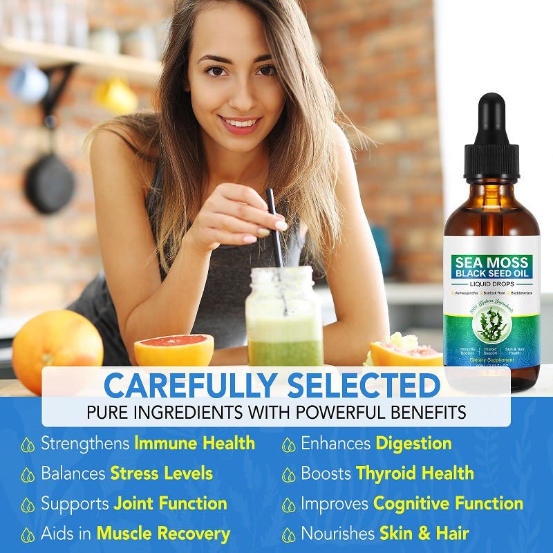 Organic Seaweed Black Seed Oil Dietary Supplement Liquid Drops Ashwagandha for Hair Skin Health Pregnant Women Antioxidant