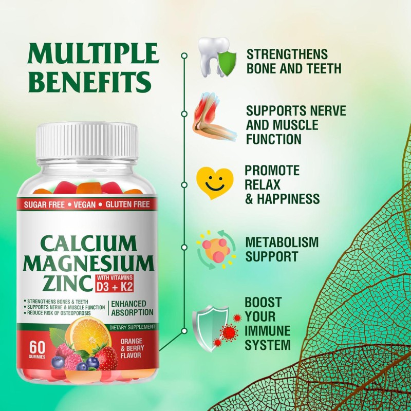 OEM Premium Calcium Magnesium Zinc Gummies with Vitamin D3 & K2 for Immune Support