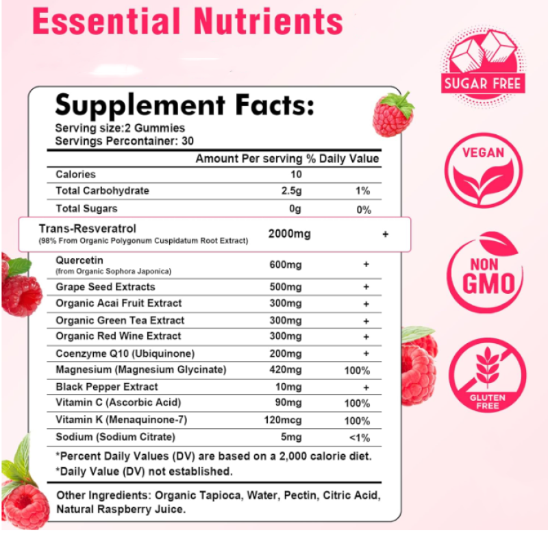High-End Customization, Vegetarian Resveratrol Gummy Candy, Sugar-Free, NON-GMO, Natural Antioxidant and Anti-Aging Formula