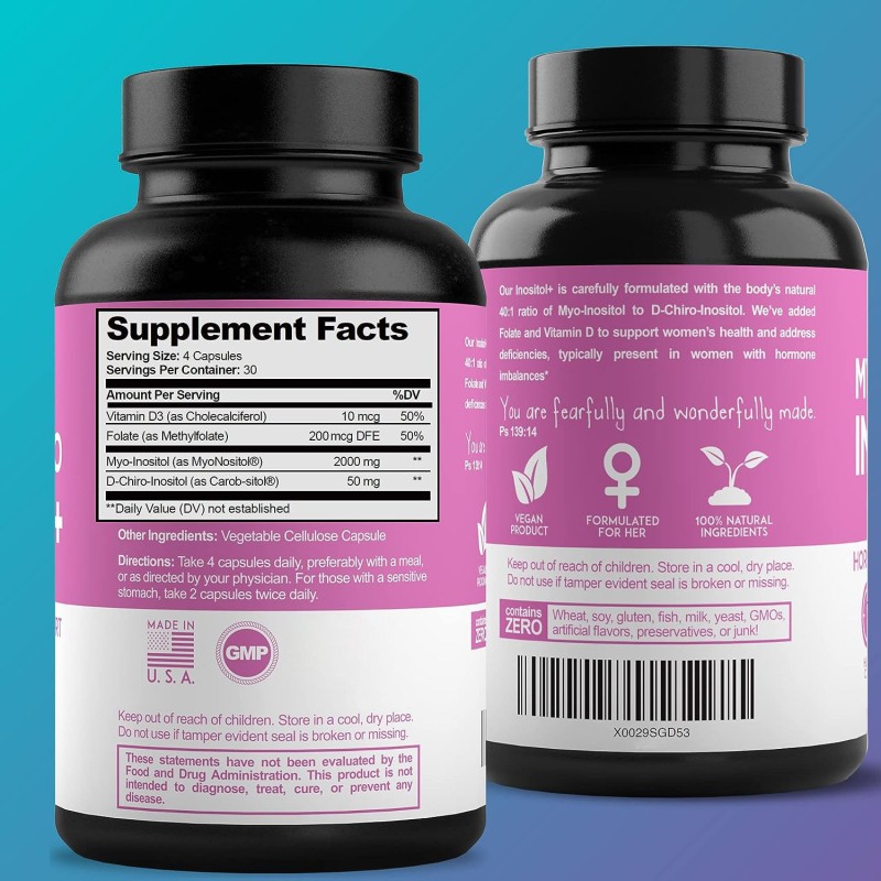 OLLI Private Label Myo & D-Chiro Inositol Capsules with Folate for Women's Hormonal Balance 60 Capsules