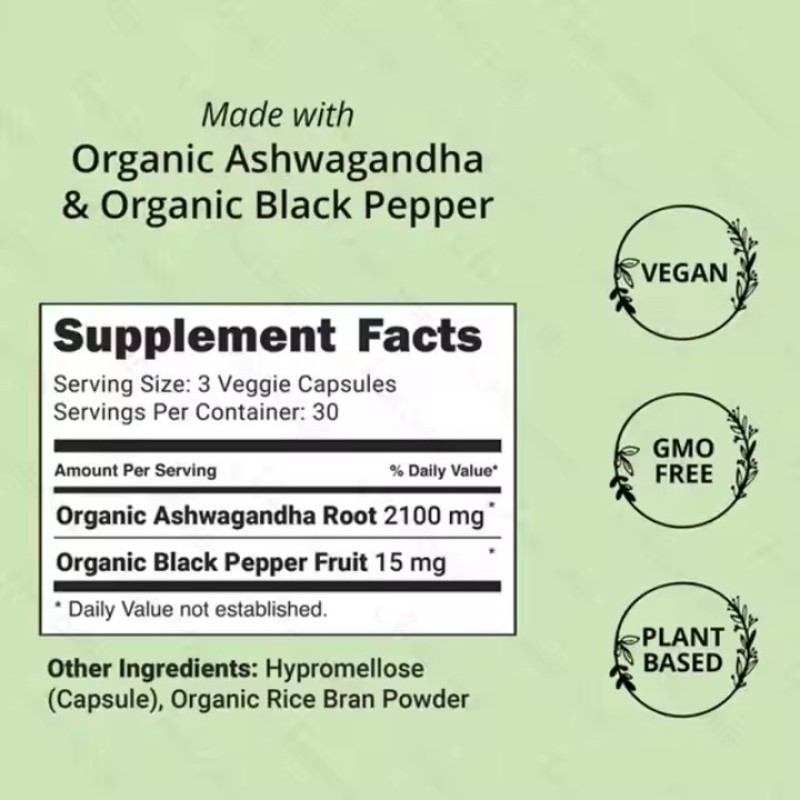Pure Organic Supplements Ashwagandha Capsules Natural Plant Extract for Vegetarians Provide Energy