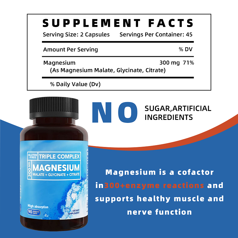 Vegan Triple Magnesium Complex 300mg Magnesium Glycinate Malate Citrate Capsules Sleep Relax Magnesium Capsules