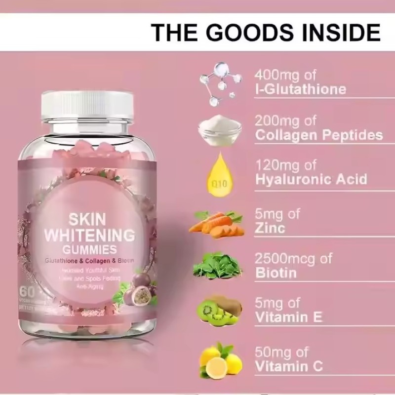 OEM Skin Whitening Gummy L-Glutathione Hyaluronic Acid Gummy Collagen Gummy Skin Nail and Hair Care