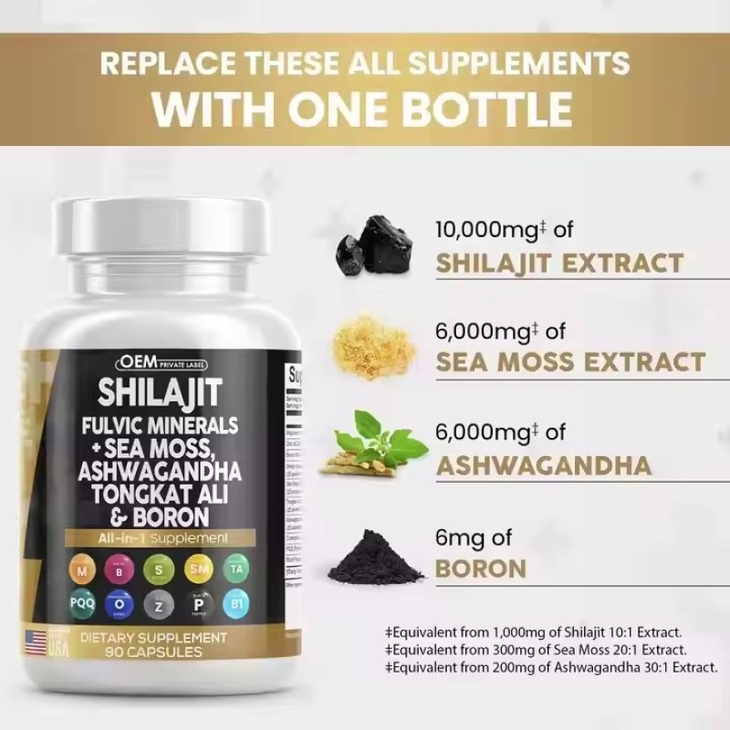 All in 1 Supplement Shilajit Fulvic Minerals Sea Moss Ashwagandha Tongkat Ali Boron Fulvic Acid Capsules for Men