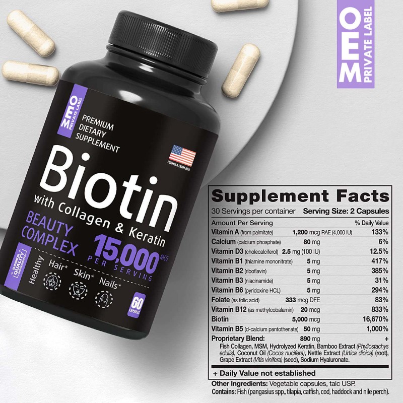 OEM/ODM Premium Biotin Capsules for Hair, Skin & Nail Care - Herbal Collagen Supplement Pills