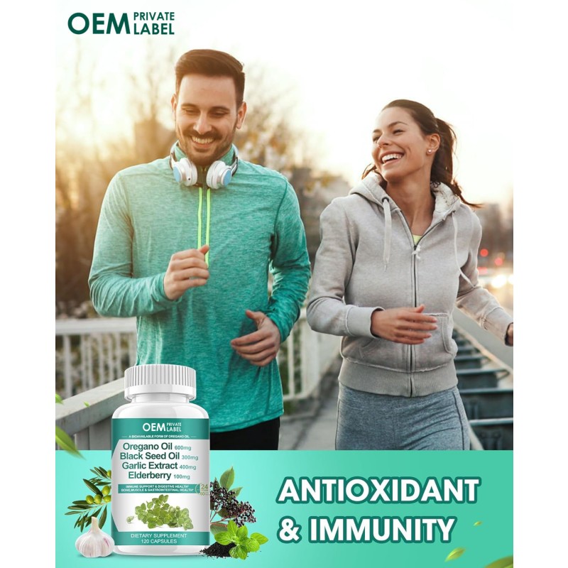 Hot Sale Health Products Organic Oregano Oil Capsules with Black Seed Oil, Garlic, Elderberry, and Vitamin D3