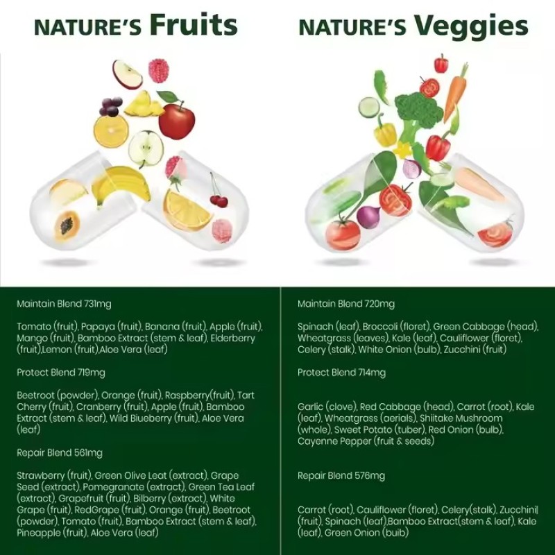 Fruit and Vegetable Food Supplement Capsules Superfood Metabolism Promotes Energy Fruit and Vegetable Powder Capsules